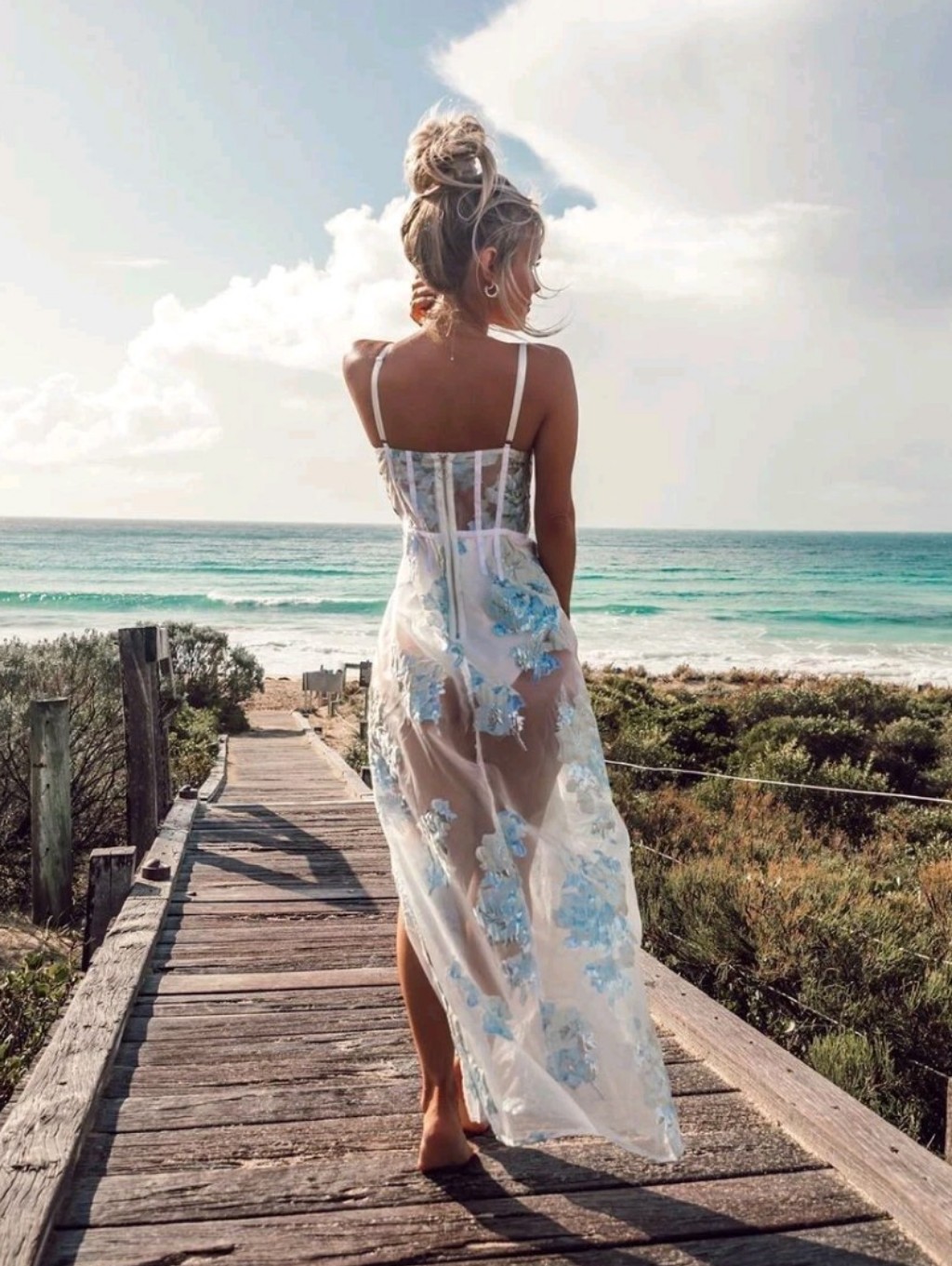 For Love And Lemons Sheer White Floral Embroidered Midi Dress With Blue Accents